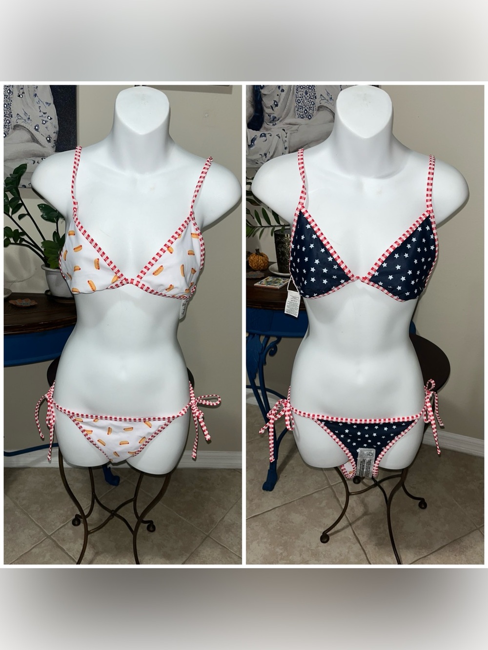 NWOT No Boundaries reversible bikini - hot dog & Star print red gingham S M